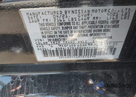 2021 Nissan Sentra Sv Xtronic Cvt z USA, uszkodzony, nr VIN 3N1AB8CV1MY275394